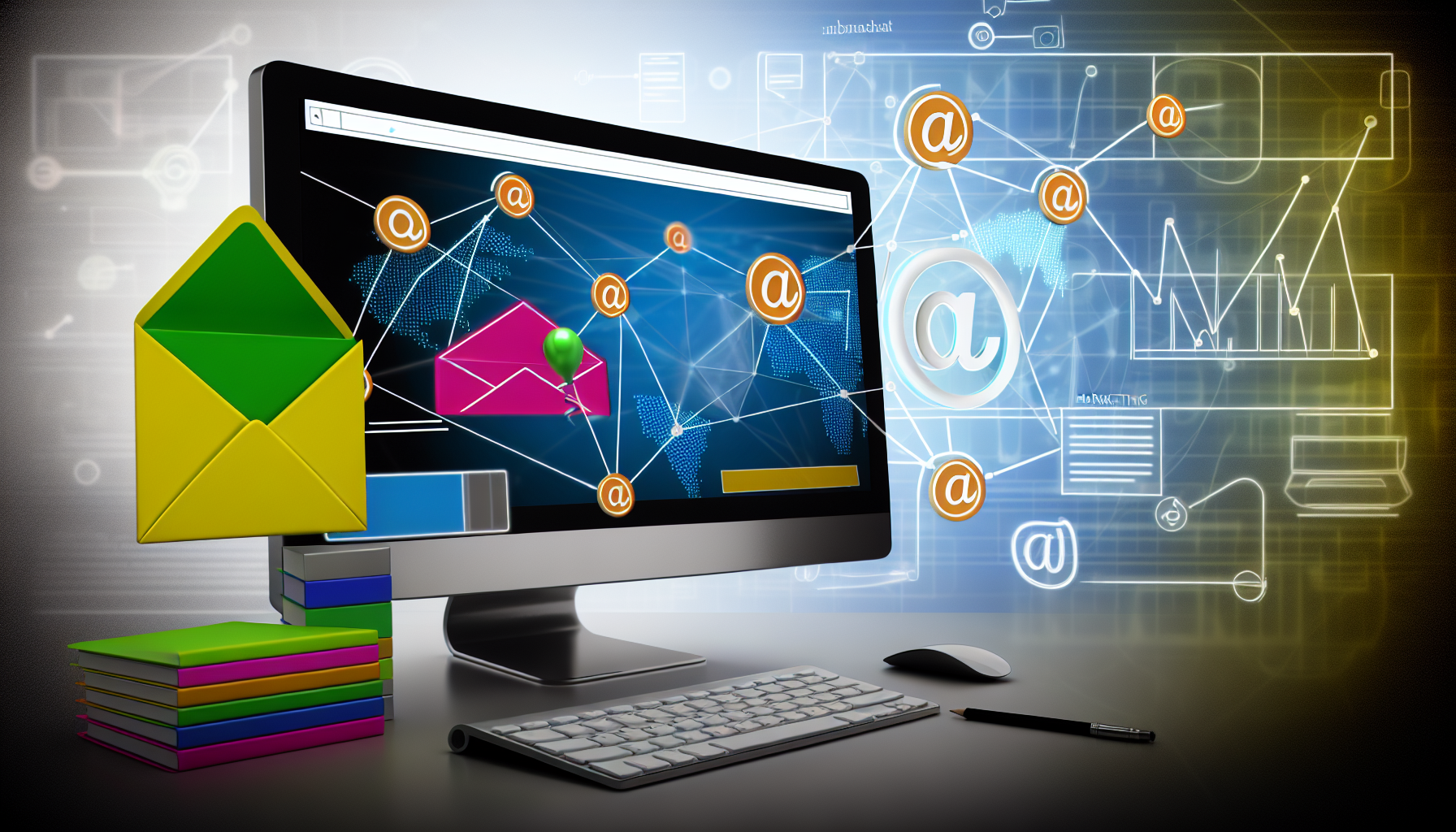 Erstellen Sie eine visuelle Darstellung von digitalem Marketing, Webdesign und E-Mail-Marketing. Dies kÃ¶nnte ein Bild eines Computers umfassen, der eine gut gestaltete Website mit lebendigen Farben und benutzerfreundlicher OberflÃ¤che anzeigt. Der Aspekt des E-Mail-Marketings kÃ¶nnte durch einen Umschlag oder ein '@'-Symbol symbolisiert werden, das E-Mails darstellt, zusammen mit einigen Marketing-Elementen wie einem Diagramm, das ein erhÃ¶htes Engagement zeigt. Was das digitale Marketing betrifft, kÃ¶nnte es eine Vielzahl von digitalen Plattformen darstellen (ohne urheberrechtlich geschÃ¼tzte Logos), die miteinander verbunden sind, um die weitreichende Reichweite und Vernetzung von digitalen Marketingstrategien zu verdeutlichen.